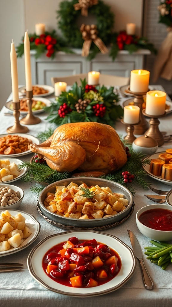 A festive Christmas dinner table with roasted turkey, mashed potatoes, green beans, and decorations.